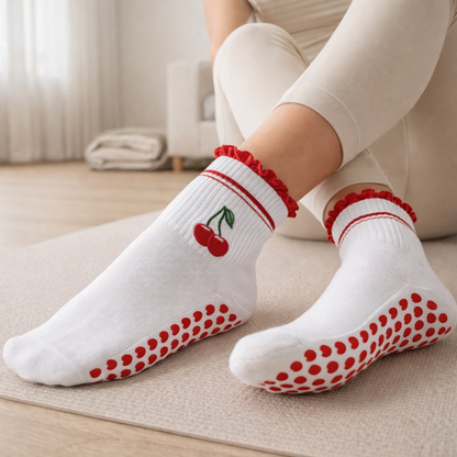 Women’s Pilates Socks - Cherry Embroidered Non-Slip