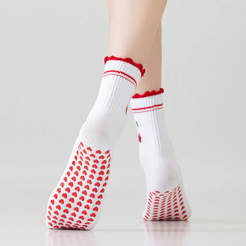 Women’s Pilates Socks - Cherry Embroidered Non-Slip