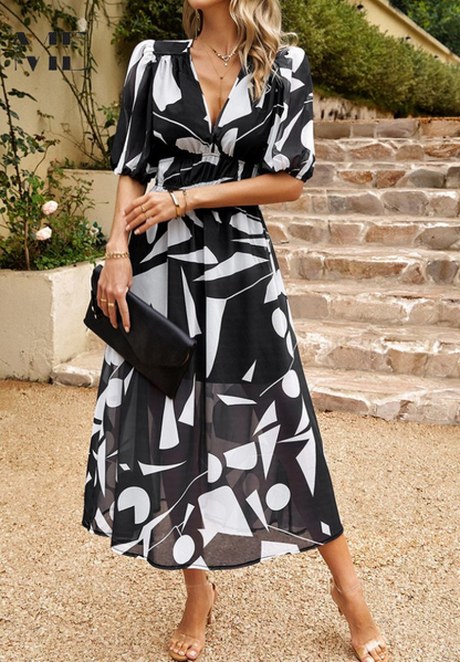 Roxanne | Elegant Floral Midi Dress with Puff Sleeves