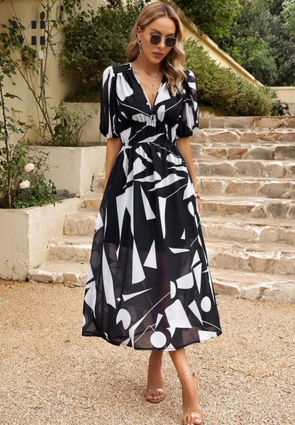 Roxanne | Elegant Floral Midi Dress with Puff Sleeves