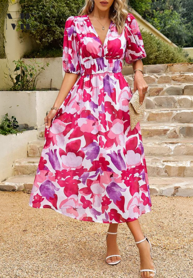 Roxanne | Elegant Floral Midi Dress with Puff Sleeves