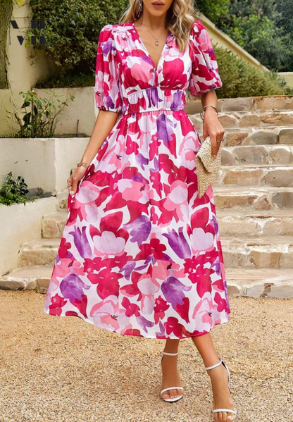 Roxanne | Elegant Floral Midi Dress with Puff Sleeves