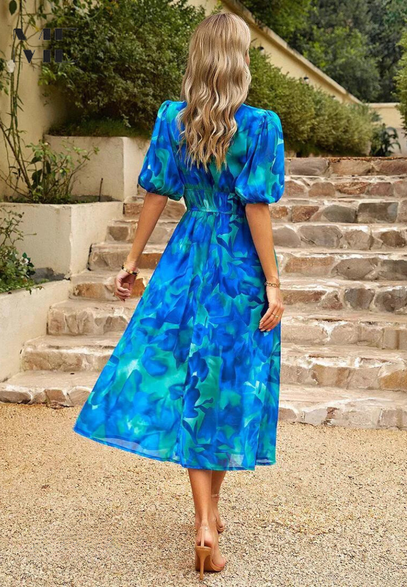 Roxanne | Elegant Floral Midi Dress with Puff Sleeves